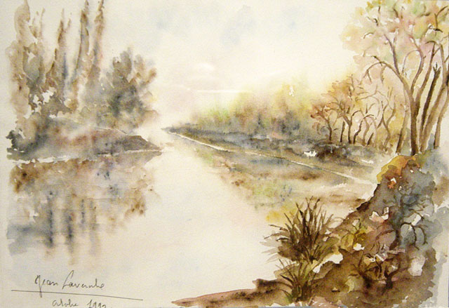 Paysage d'eau: Aquarelle de Jean LAVERNHE Atelier 'Chanson' illusté par une aquarelle de Jean LAVERNHE