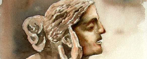 La statue qui murmure - Aquarelle de J. LAVERNHE Melvin Lastie à la trompette, dessin de Joël Dordenne pour illustrer chansons et Mp3