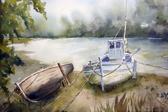 Bateau échoué à l'ile de Ré - Aquarelle marine de J. Lavernhe Chanson d'amour illustée par l'Ile de Ré - Aquarelle de J. Lavernhe