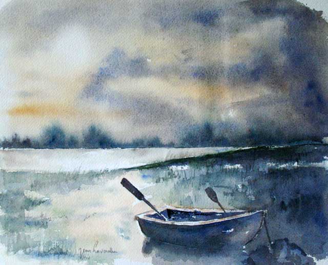 Vieille barque dans le marais à l'ile de Ré - Aquarelle de J. LAVERNHE. Vieille barque dans le marais à l'ile de Ré - Aquarelle de J. LAVERNHE.