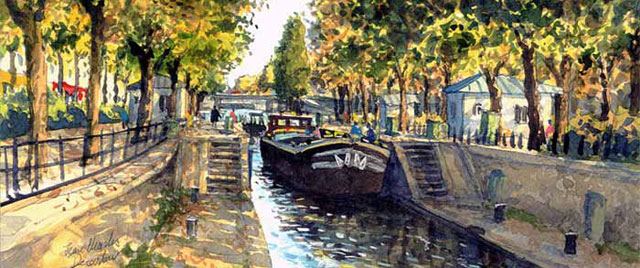 Chanson illustrée par le canal Saint Martin - Aquarelle de J-C. Decoudun Chanson d'amour illustée par le canal Saint Martin - Aquarelle de J-C. Decoudun