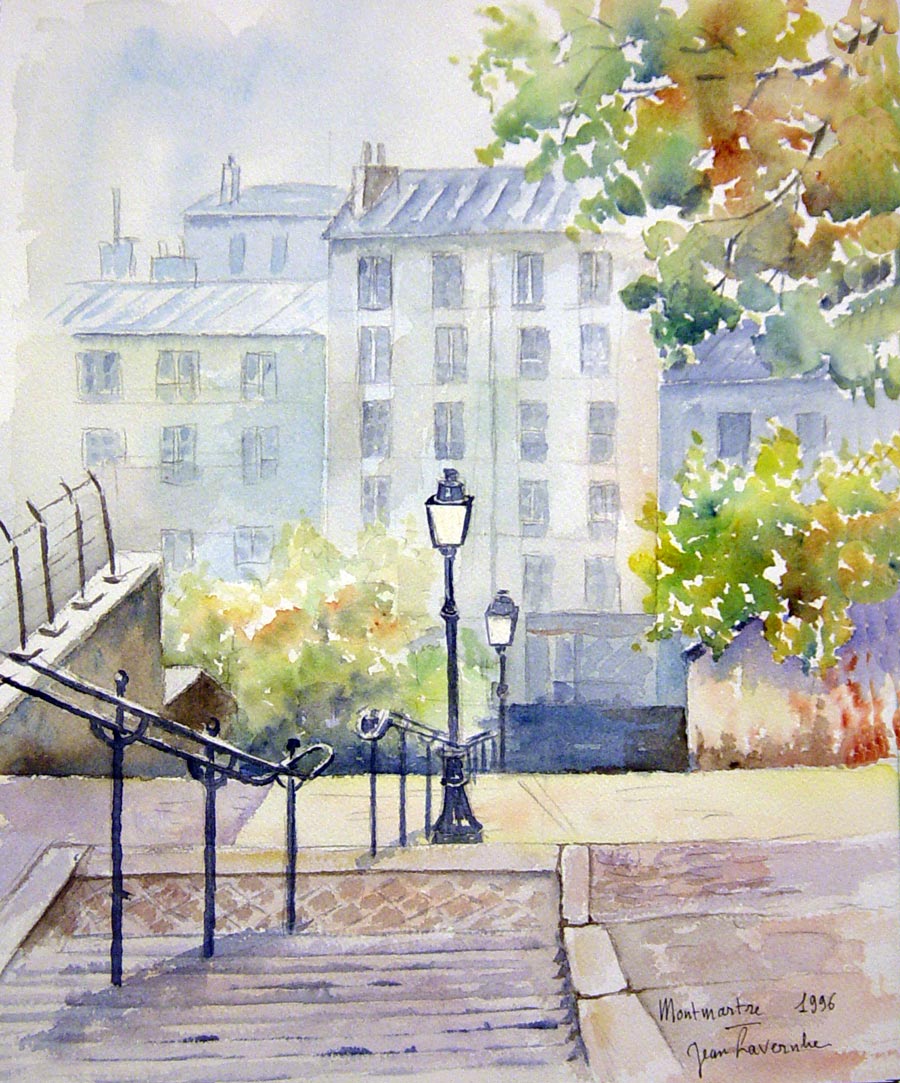 Les escaliers de Montmartre à Paris - Aquarelle de J. Lavernhe