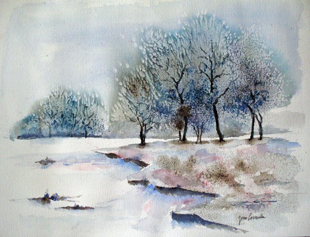 Paysage d'hiver - Aquarelle de J. Lavernhe Aquarelle paysage d'hiver sous la neige (J. Lavernhe)