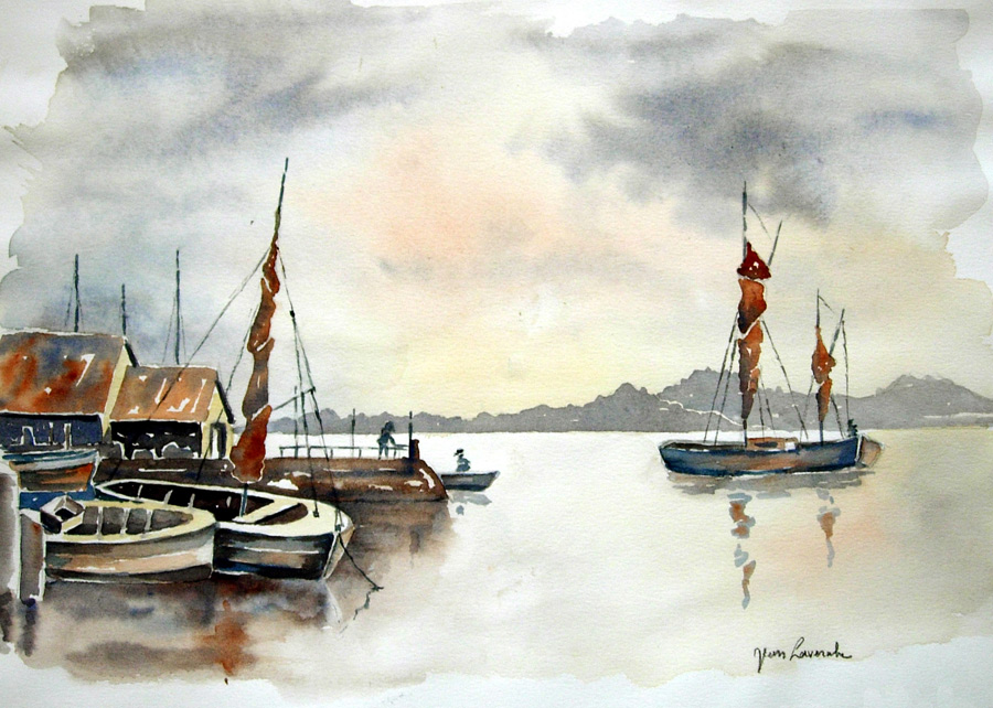 Un port breton - Aquarelle de J. Lavernhe
