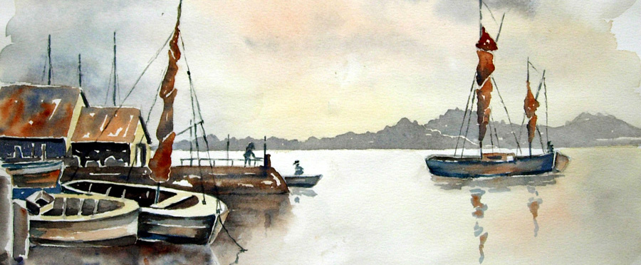 Chanson illustrée par un port breton - Aquarelle de J. Lavernhe Chanson d'amour illustée par un port breton - Aquarelle de J. Lavernhe