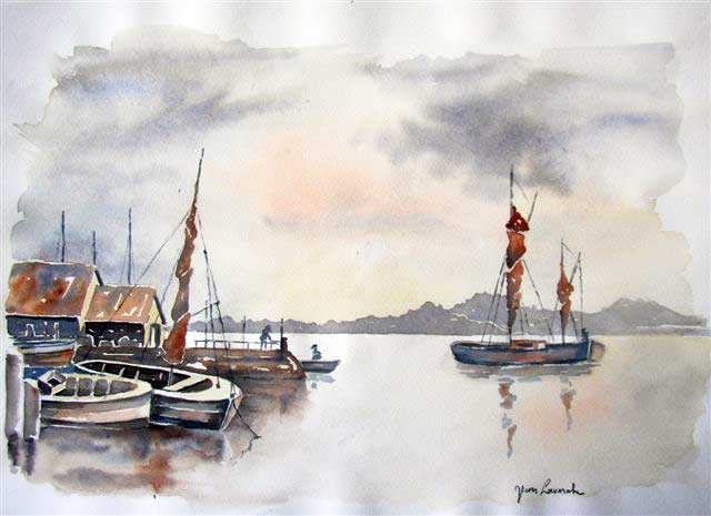 Le port Breton - Aquarelle marine de J. Lavernhe Chanson d'amour illustée par un port Breton - Aquarelle de J. Lavernhe