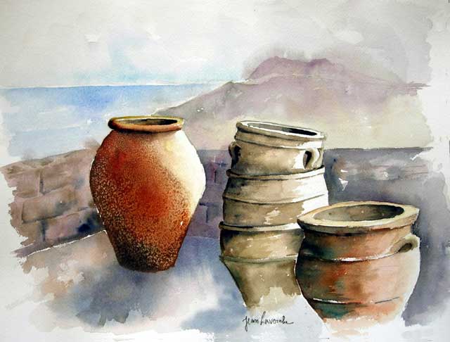 Les vieilles poteries : Jarres à Sifnos - Aquarelle de J. Lavernhe Chanson d'amour illustée par Les vieilles poteries : Jarres à Sifnos - Aquarelle de J. Lavernhe