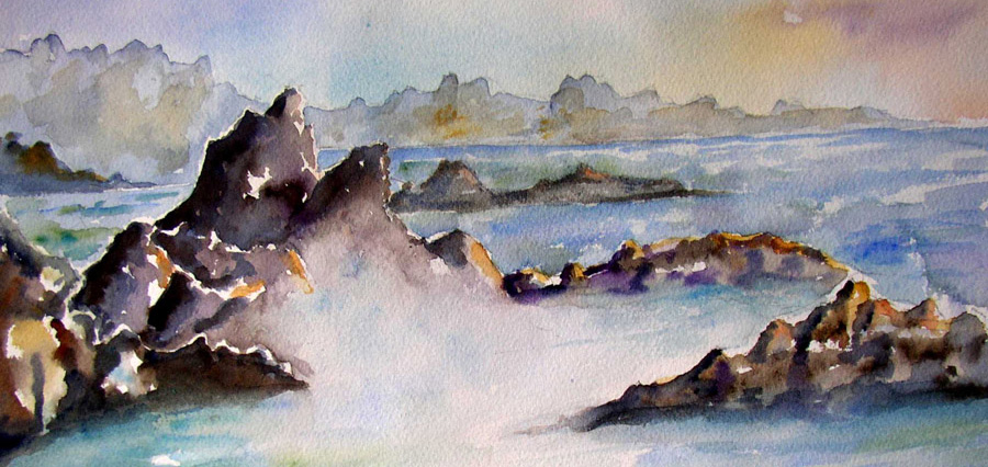 Vagues et récifs - Aquarelle de J. Lavernhe Chanson d'amour avec Mp3 illustée par Les Vagues et récifs :Aquarelle de jean LAVERNHE