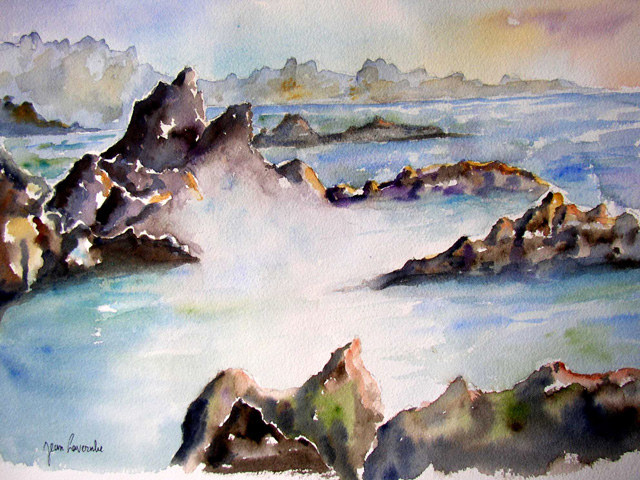 Vagues et récifs - Aquarelle de J. LAVERNHE. Vagues, écume et récifs - Aquarelle de J. LAVERNHE.