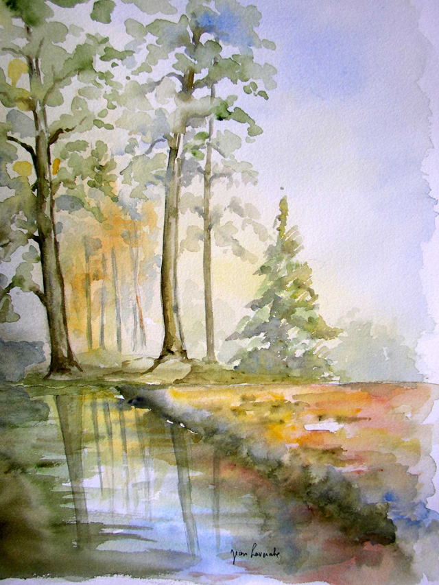 Petit matin lumineux en foret - Aquarelle de J. Lavernhe Chanson d'amour illustée par des reflets en foret - Aquarelle de J. Lavernhe