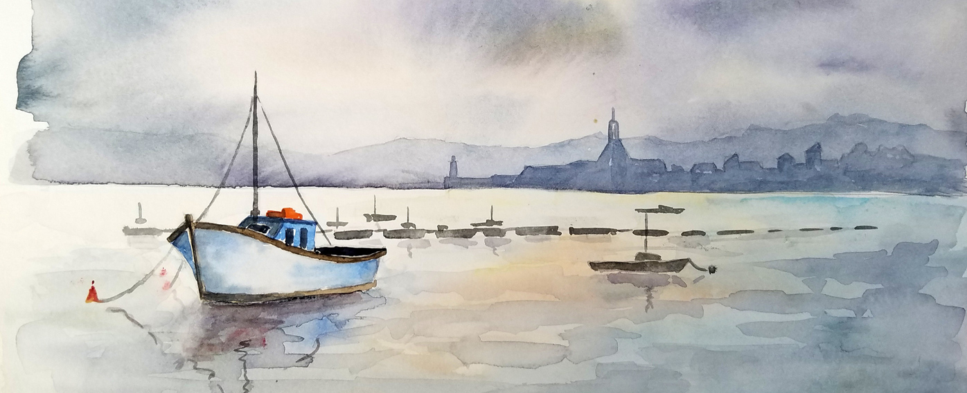 Au mouillage, calme et sérénité  - Aquarelle de J. Lavernhe