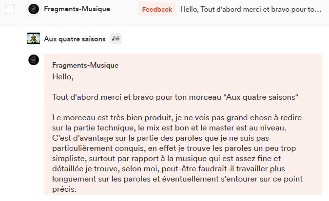 Avis de curateur Groover sur la chanson n°1 (Critique constructive)