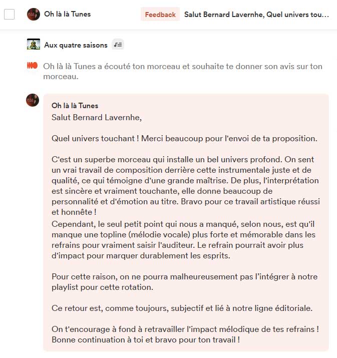 Avis de curateur Groover sur la chanson n°1 (Technique sur la production)