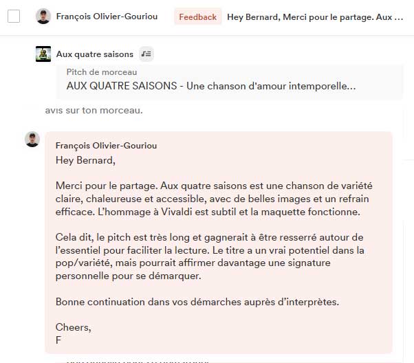 Avis de curateur Groover sur la chanson n°1 (Positif sur l'ambiance)