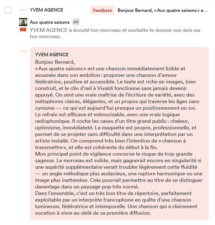 Avis de curateur Groover YVEM AGENCE sur la chanson 'Aux quatre saisons' (Positif sur l'ambiance)