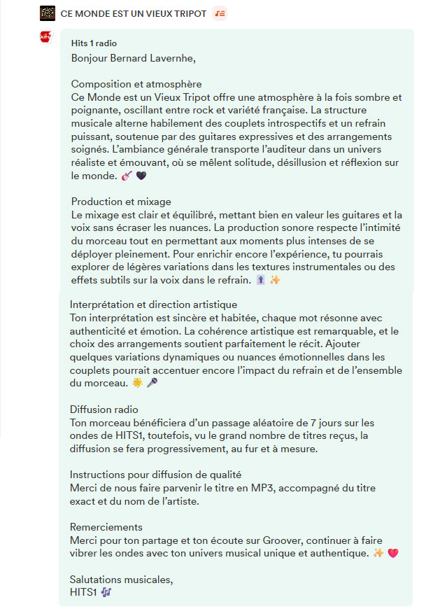 Avis de curateur Groover sur la chanson n°1 (Positif sur l'ambiance)