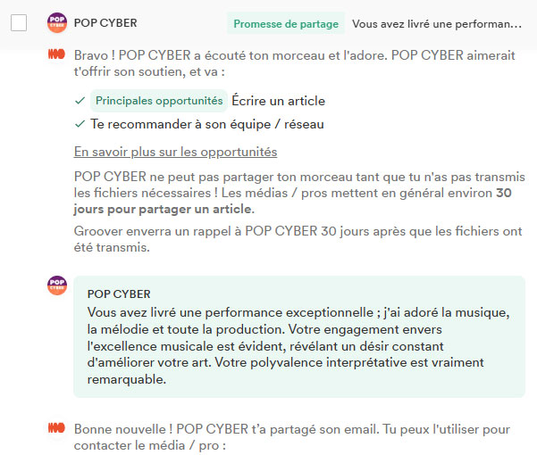 Avis de curateur Groover sur la chanson n°1 (Positif sur l'ambiance)