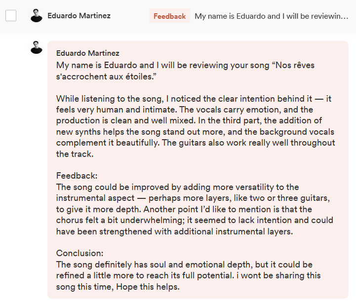 Avis de curateur Groover sur la chanson n°1 (Positif sur l'ambiance)