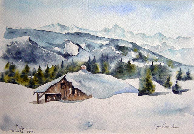 « Les Alpes sous la neige » - Aquarelle de J. Lavernhe. « Chalet sous la neige (les Alpes) » - Aquarelle de J. Lavernhe.