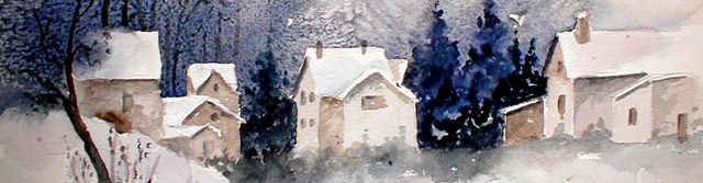 Paysage d'hiver : Aquarelle de J.LAVERNHE Chansons tristes, musiques mélancoliques et MP3 illustrés par les aquarelles de J. LAVERNHE