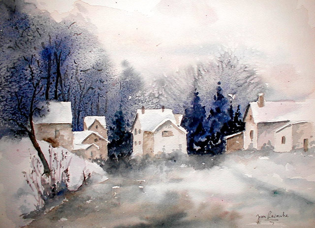 « Village des Alpes sous la neige » - Aquarelle de J. Lavernhe. « Village de montagne (les Alpes) » - Aquarelle de J. Lavernhe.