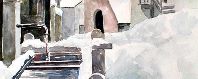 La fontaine sous la neige : Aquarelle de J.LAVERNHE Chanson avec Mp3 illustée par La fontaine sous la neige (J. LAVERNHE)