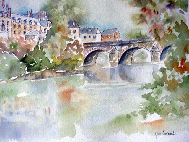 « Le château Durtal sur le Loir » - Aquarelle de J. Lavernhe. « Le château Durtal sur le Loir » - Aquarelle de J. Lavernhe.