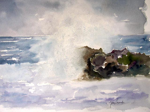 Rochers sous la vague (Aquarelle de J. Lavernhe) Rochers sous la vague