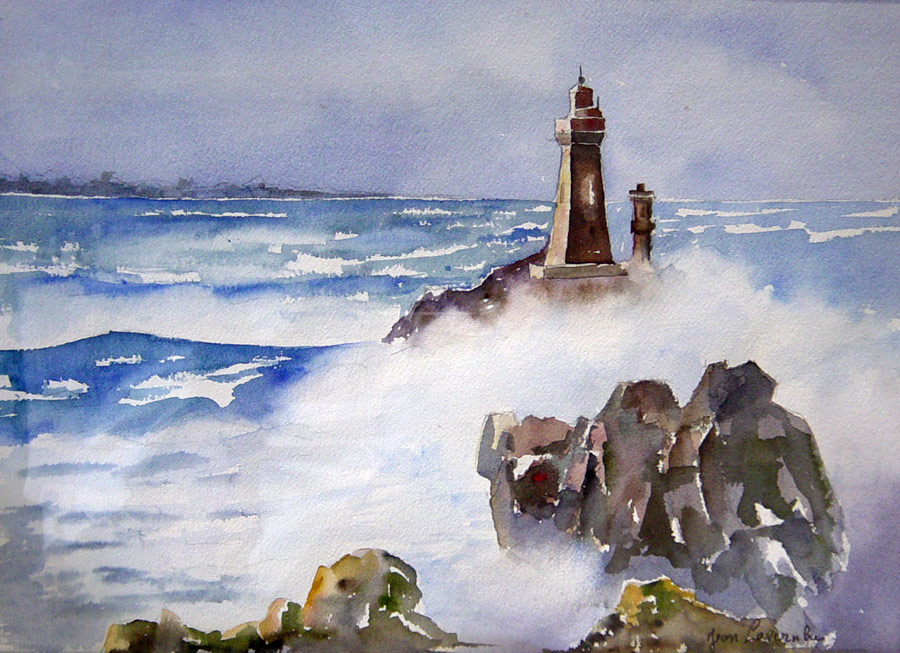 La Bretagne et un phare sous le vent rugissant - Aquarelle de J. Lavernhe