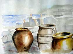 Les jarres. Site de ''chansons équitables'' illustré par les aquarelles de J. LAVERNHE