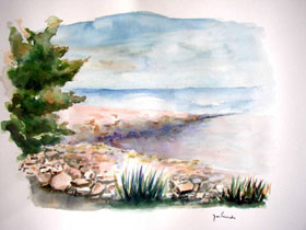 'La digue' : Aquarelle de J. LAVERNHE. Panorama des chansons, paroles, musiques et MP3.