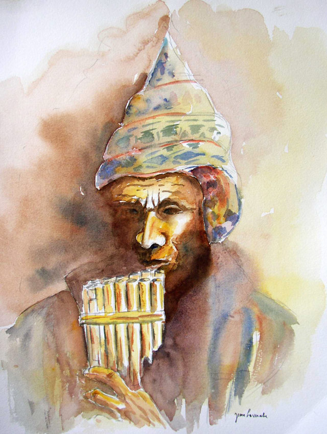 Le joueur de flûte Inca - Aquarelle de J. Lavernhe Chanson d'amour illustée par un joueur de flûte Inca - Aquarelle de J. Lavernhe