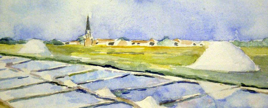 Les marais salant d'Ars en Ré - Aquarelle de J. LAVERNHE. Toutes les chansons et Mp3 illustés par une Aquarelle de J. LAVERNHE : Les marais salant d'Ars en Ré.
