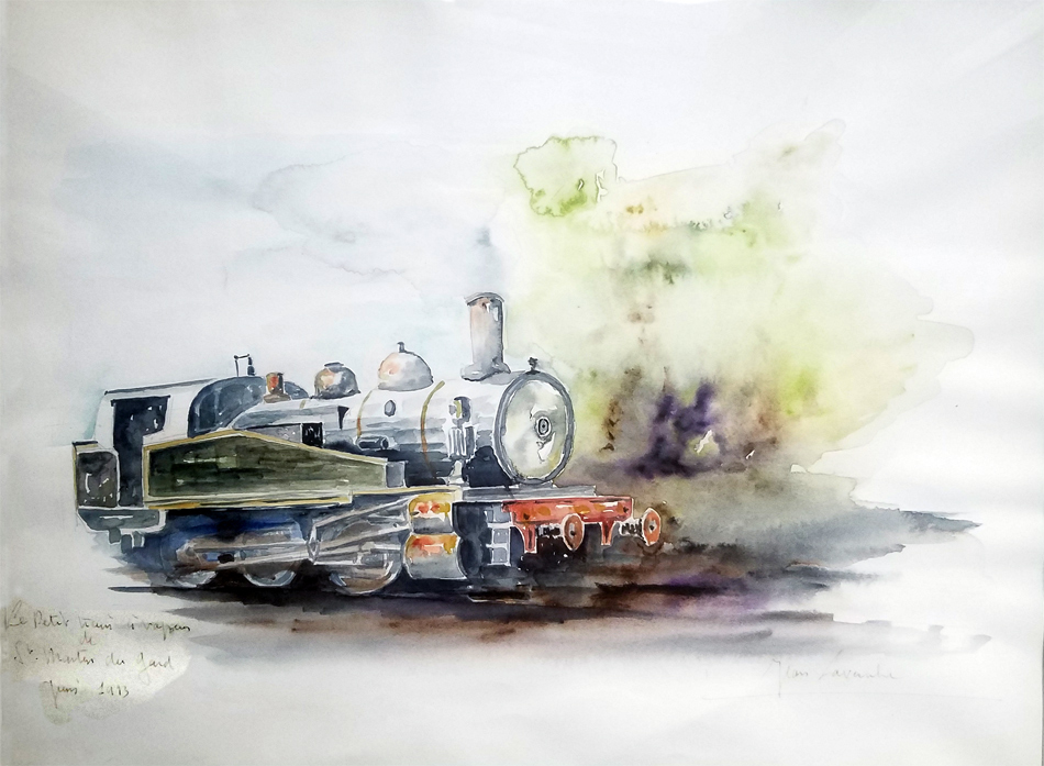 Le petit train à vapeur du Gard - Aquarelle de J. Lavernhe