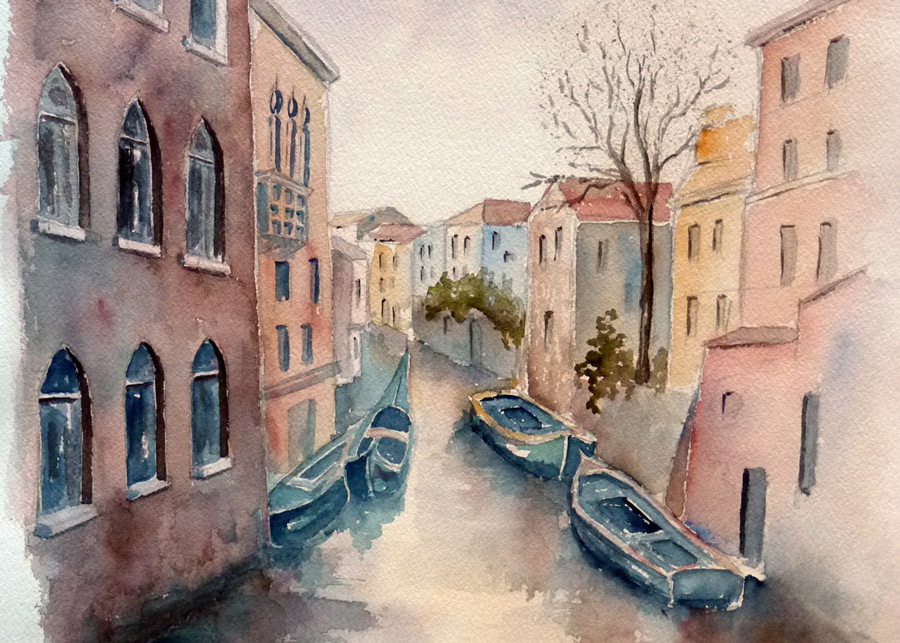 Sur les canaux de Venise - Aquarelle de J. Lavernhe