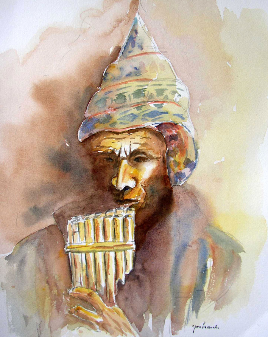 Le joueur de flûte Inca - Aquarelle de Jean Lavernhe