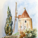 Aquarelle de J. Lavernhe : Le moulin de Daudet