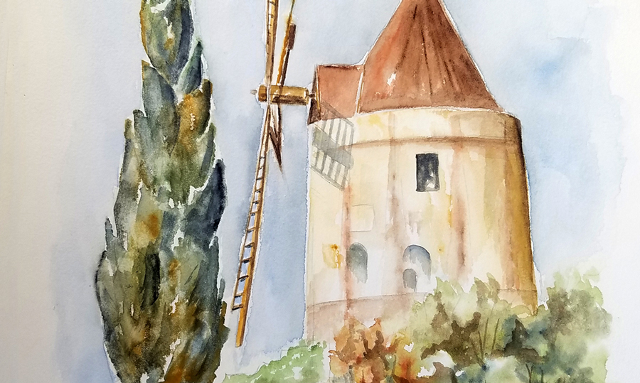 Le moulin de Fontvieille - Aquarelle de Jean LAVERNHE