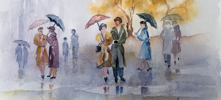 Promenade sous la pluie - Aquarelle de Jean LAVERNHE