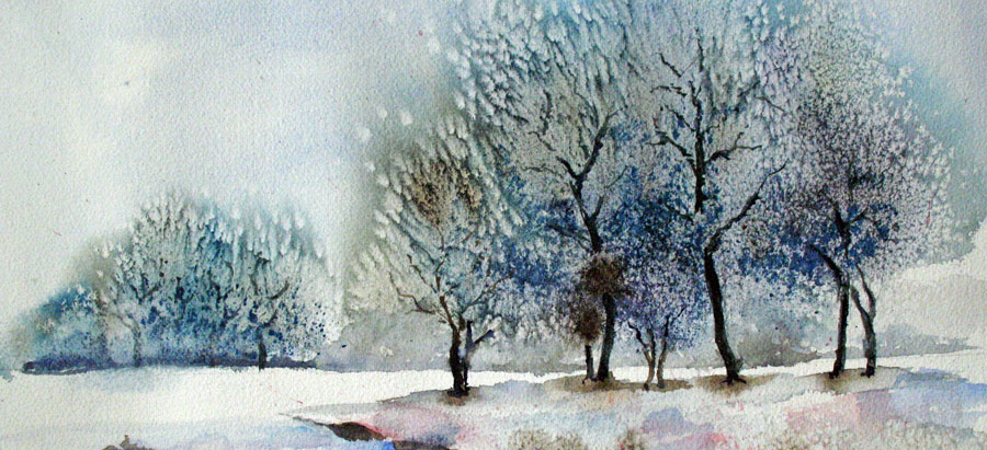 Paysage d'hiver sous la neige - Aquarelle de J. Lavernhe