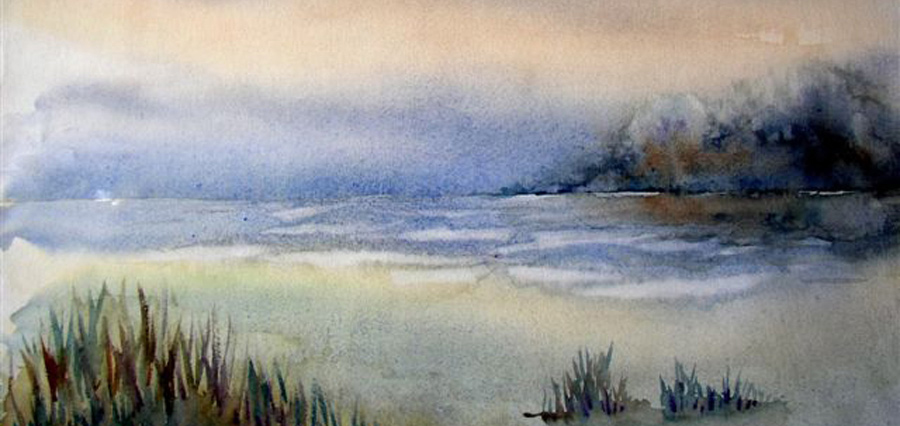 Plage dans la brume du petit matin - Aquarelle de J. Lavernhe