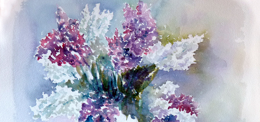 Lilas mauves et blancs - Aquarelle de Jean Lavernhe