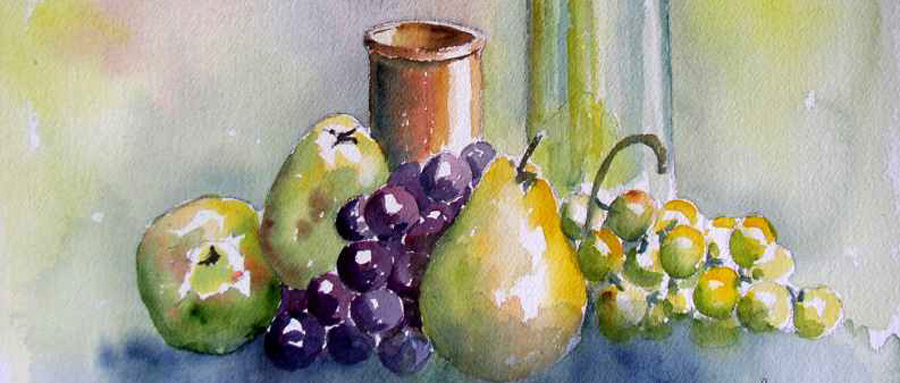 Poires et raisins - Aquarelle de Jean Lavernhe