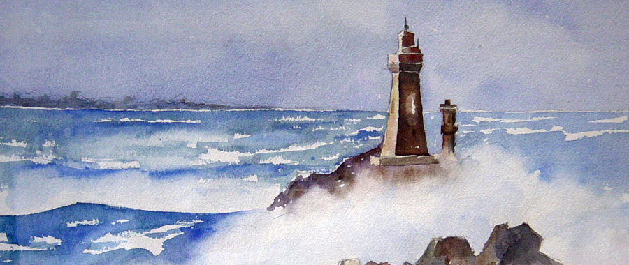 Le phare sous le vent rugissant - Aquarelle de Jean Lavernhe